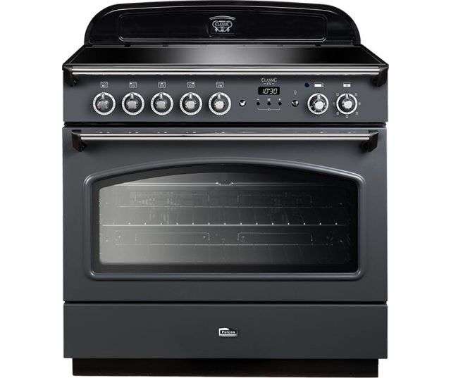 Falcon Classic FX 90 Inductie fornuis, vooraanzicht in donkergrijs met zilverkleurige trims