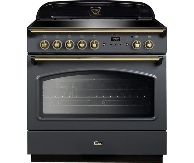 Falcon Classic FX 90 inductie fornuis grijs, vooraanzicht met zilverkleurige kader