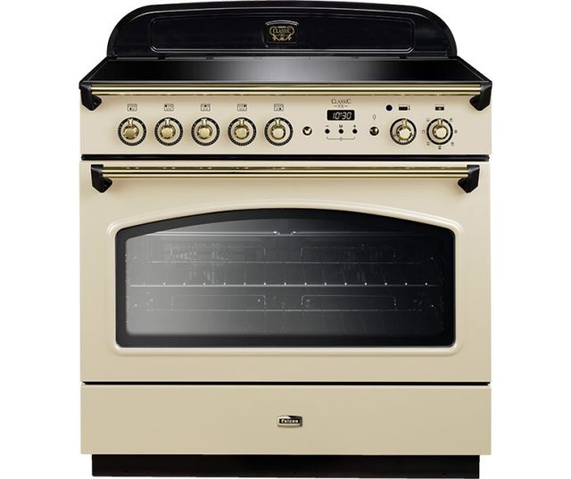 Falcon Classic FX 90 Inductie fornuis vooraanzicht in crème met gouden bedieningsknoppen