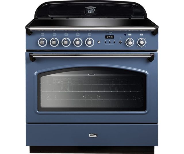 Falcon Classic FX 90 Inductie fornuis vooraanzicht in blauw met gouden bedieningselementen