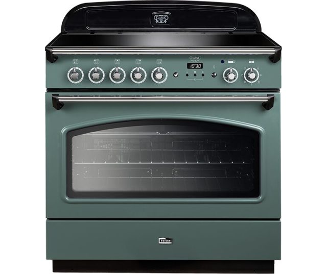 Falcon Classic FX 90 Inductie fornuis Stone Blue vooraanzicht met bedieningspaneel en inductiekookplaat