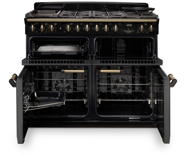 Falcon Classic Deluxe 110 inductiefornuis beide ovens geopend met interne roosters zwart