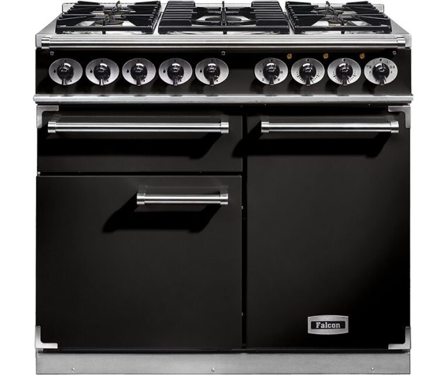Falcon Deluxe 1000 gasfornuis zwart vooraanzicht met negen branders en twee ovens