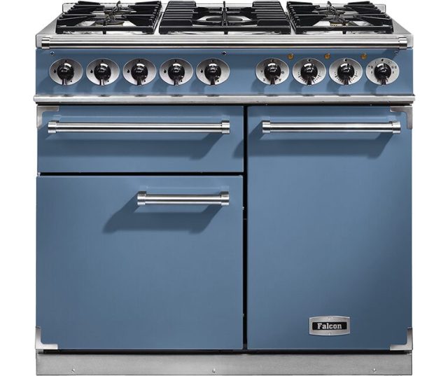 Falcon Deluxe 1000 gasfornuis blauwgrijs vooraanzicht met negen branders en twee ovens