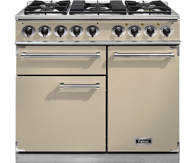 Falcon Deluxe 1000 gasfornuis beige vooraanzicht met negen branders en twee ovens