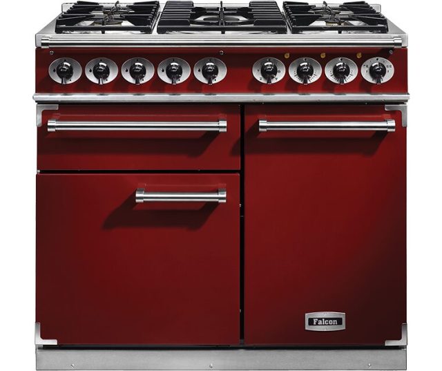 Falcon Deluxe 1000 gasfornuis rood vooraanzicht met negen branders en twee ovens