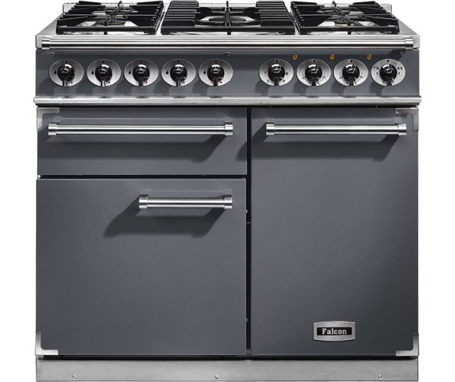Falcon Deluxe 1000 gasfornuis donkergrijs vooraanzicht met negen branders en twee ovens
