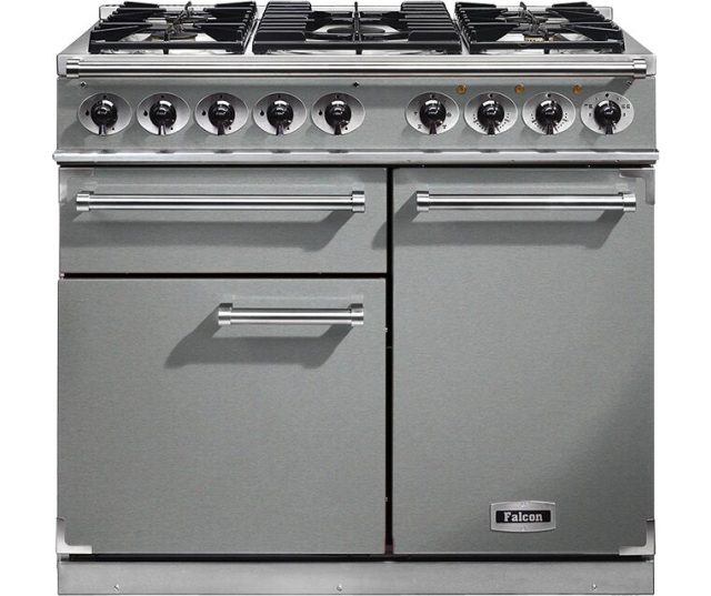Falcon Deluxe 1000 gasfornuis lichtgrijs vooraanzicht met negen branders en twee ovens