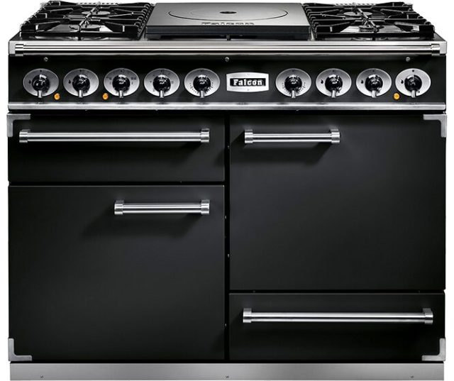 Falcon Deluxe 1092 Gas Cream fornuis, vooraanzicht met gaspitten, griddle en ovens