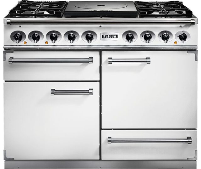 Falcon Deluxe 1092 Gas fornuis in wit, vooraanzicht met ovenkast
