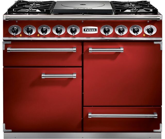 Falcon Deluxe 1092 fornuis rood wijnrood, vooraanzicht met tien draaiknoppen en compartimenten