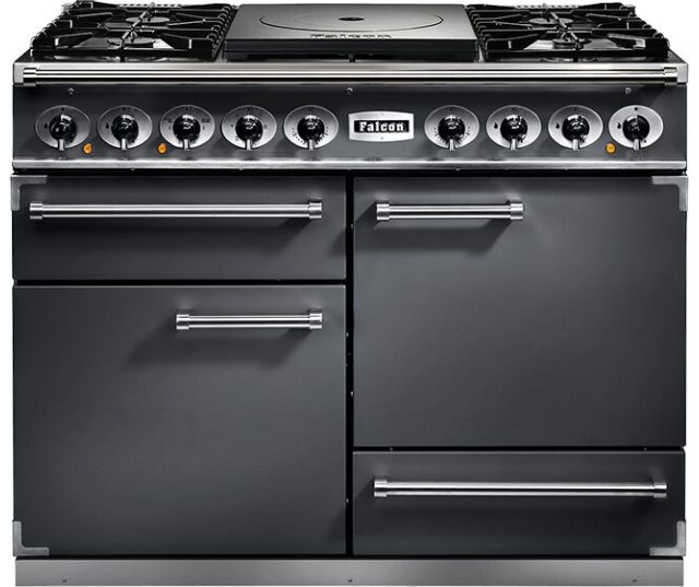 Falcon Deluxe 1092 Gas fornuis donkergrijs, frontaanzicht met alle oven- en grillfuncties