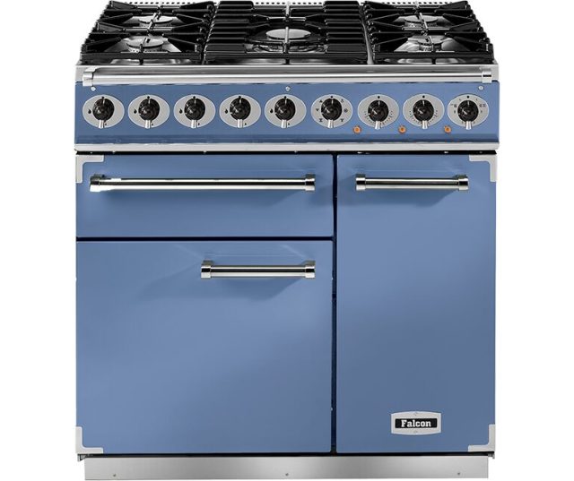 Falcon Deluxe 900 Gas fornuis in Chinese Blue, vooraanzicht met negen branders en twee ovens