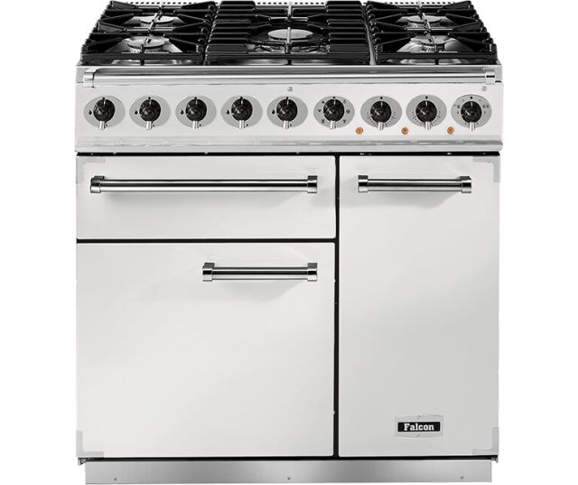 Falcon Deluxe 900 Gas White fornuis vooraanzicht met negen gasbranders en twee ovens