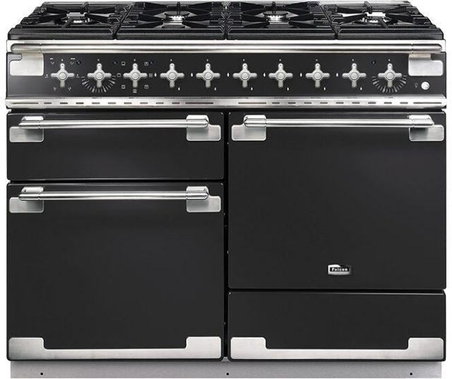 Falcon ELS110DFCA fornuis zwart, vooraanzicht met gasoppervlak en dubbele ovens