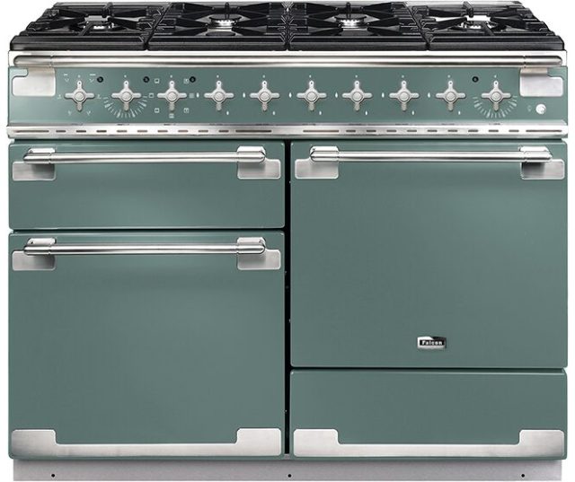 Falcon ELS110DFCA fornuis rood, vooraanzicht met gasoppervlak en dubbele ovens