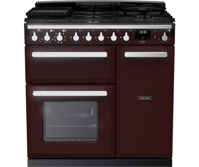 Falcon Estel Deluxe 90 Gas fornuis vooraanzicht bordeaux kleur met gaskookplaat en dubbele oven