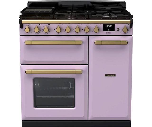 Falcon Estel Deluxe 90 Gas in lavendel, vooraanzicht met gasfornuis, twee ovens en koelkast
