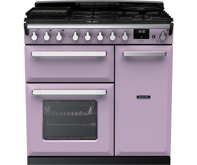 Falcon Estel Deluxe 90 Gas fornuis roze vooraanzicht met gasvuur en dubbele oven