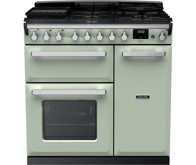 Falcon Estel Deluxe 90 Gas fornuis in mint groen, vooraanzicht met dubbele ovens en gasfornuis