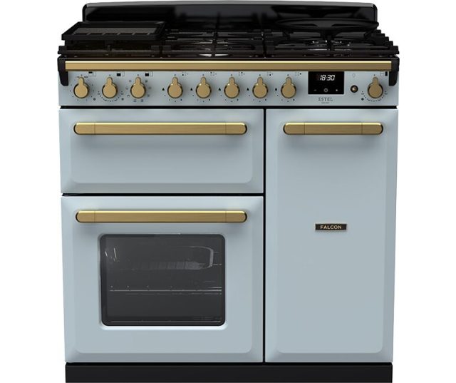 Falcon Estel Deluxe 90 Gas fornuis lichtblauw vooraanzicht met gasfornuis, dubbele oven en bedieningspaneel