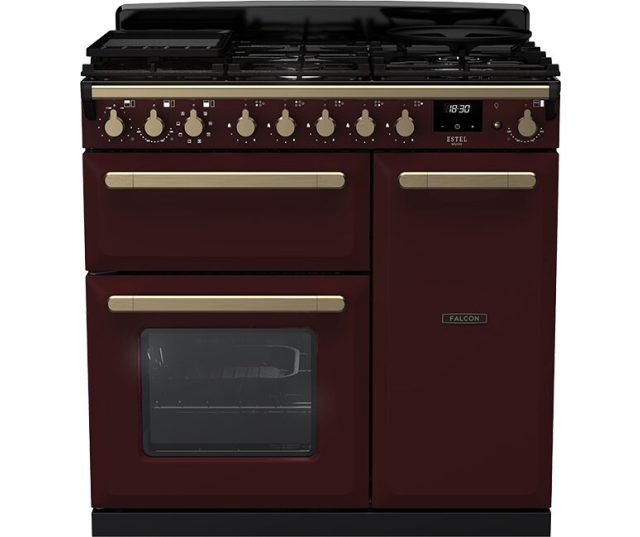 Falcon Estel Deluxe 90 Gas fornuis bordeauxrood vooraanzicht met gasfornuis, dubbele oven en digitale klok