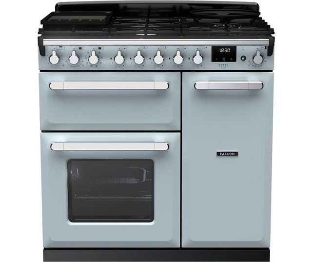 Falcon Estel Deluxe 90 Gas fornuis vooraanzicht, lichtblauw, twee ovens en gasfornuis met bedieningsknoppen