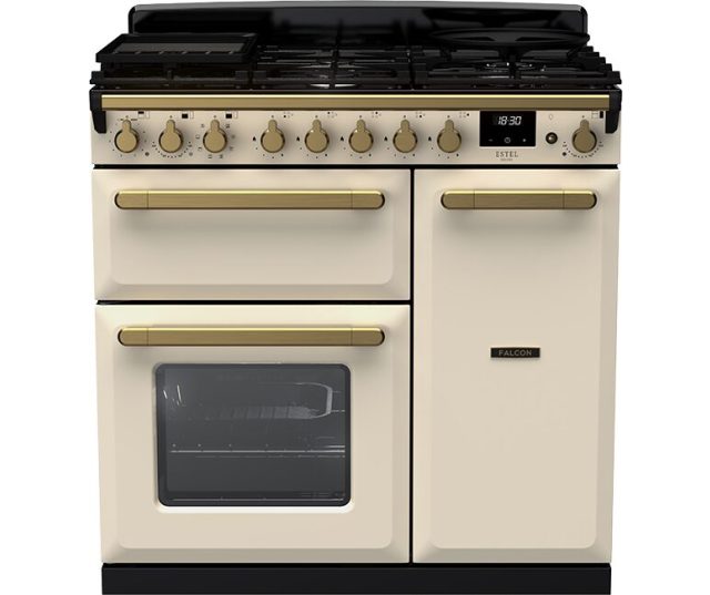 Falcon Estel Deluxe 90 Gas fornuis creme vooraanzicht met gaskookplaat en twee ovens