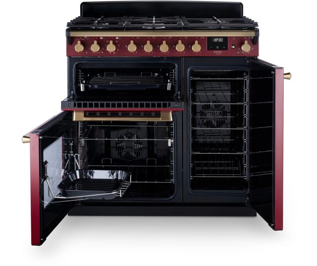 Falcon Estel Deluxe 90 Gas fornuis bordeauxrood beide ovens geopend met rekken zichtbaar