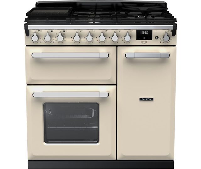 Falcon Estel Deluxe 90 Gas fornuis vooraanzicht crème kleur met dubbele oven en gasplaat