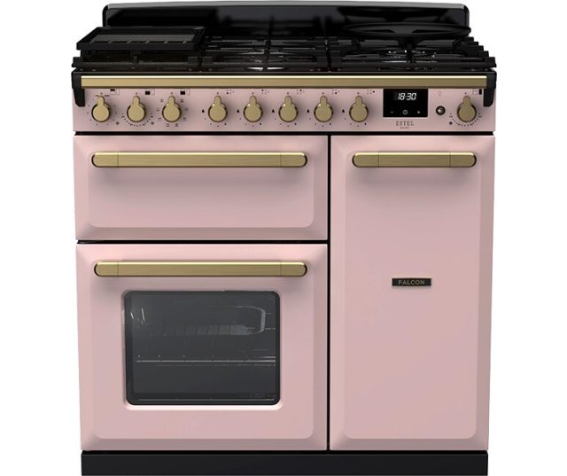 Falcon Estel Deluxe 90 Gas in lichtroze, vooraanzicht met gasfornuis, twee ovens en grepen