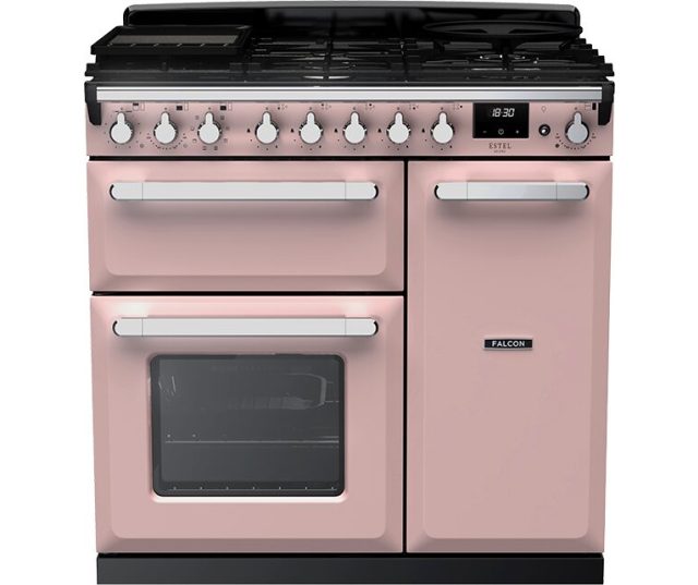 Falcon Estel Deluxe 90 Gas fornuis roze, vooraanzicht met gaskookplaat, twee ovens en bedieningspaneel