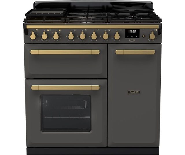 Falcon Estel Deluxe 90 Gas grijs vooraanzicht met gaskookplaat, bedieningspanelen en dubbele oven