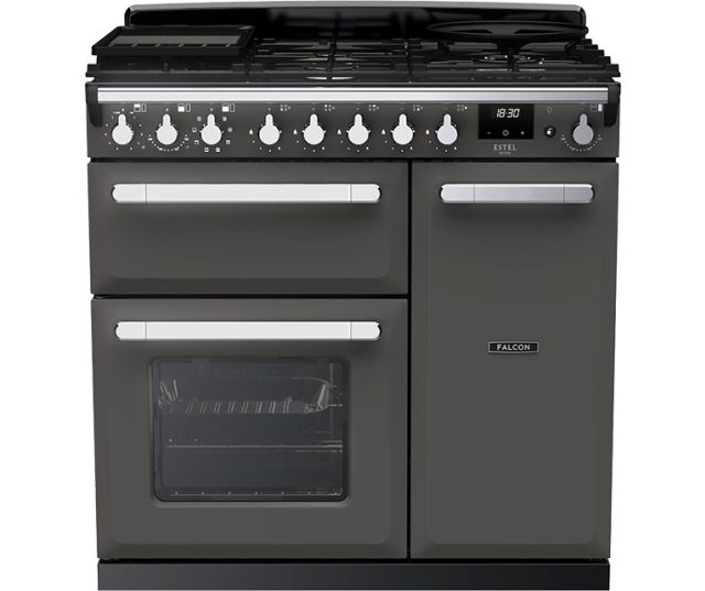 Falcon Estel Deluxe 90 Gas fornuis, vooraanzicht in antraciet met gasfornuis, twee ovens en bedieningspaneel