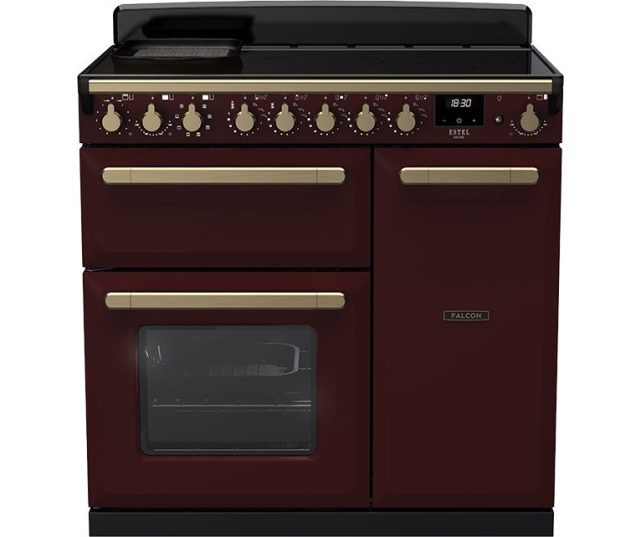 Falcon ESDL90EIPBOR/AB_E1 inductie fornuis vooraanzicht in bordeaux rood met dubbele ovens en bedieningspaneel