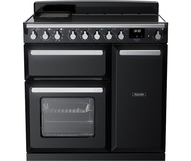 Falcon Estel Deluxe 90 Inductie fornuis, vooraanzicht met inductiekookplaat, bedieningsknoppen en twee ovens