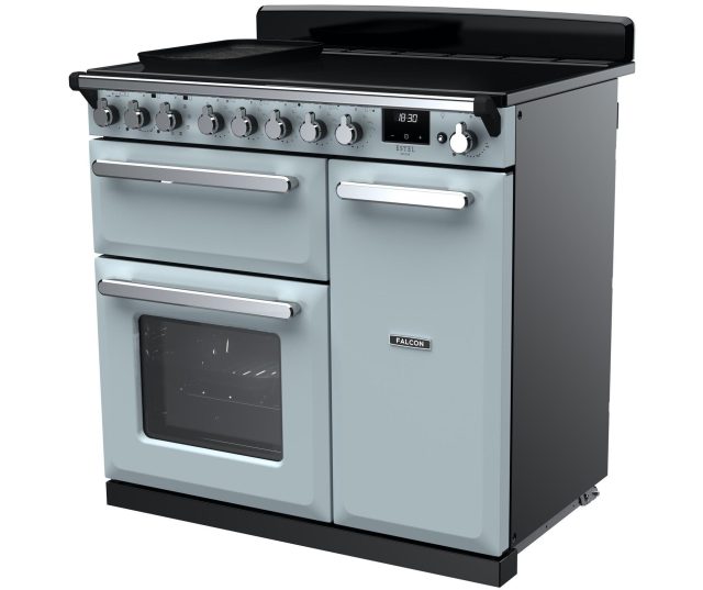 Falcon Estel Deluxe 90 Inductie fornuis lichtblauwe variant vooraanzicht met bedieningspaneel