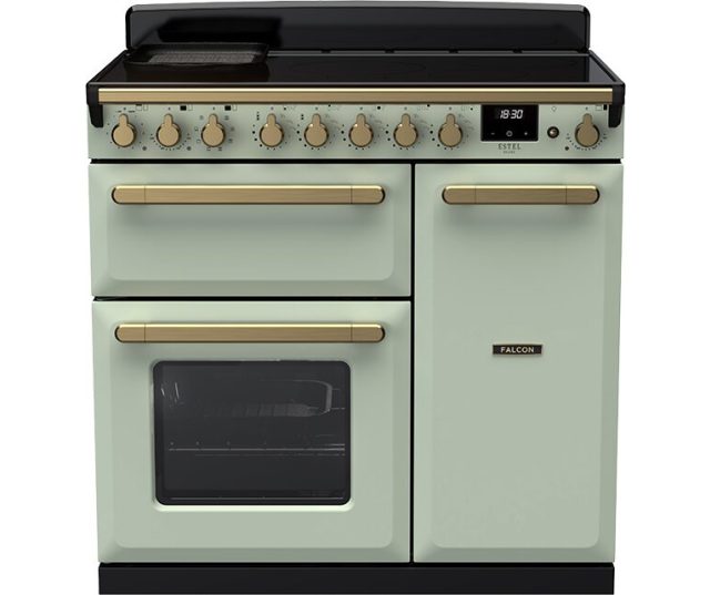Falcon Estel Deluxe 90 Inductie fornuis vooraanzicht met inductiekookplaat, bedieningsknoppen en twee ovens in mintgroen