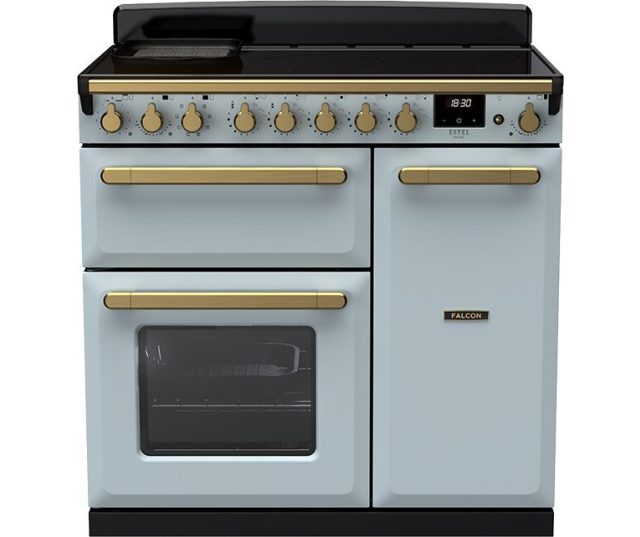 Falcon Estel Deluxe 90 Inductie fornuis, vooraanzicht met inductiekookplaat, bedieningsknoppen en twee ovens