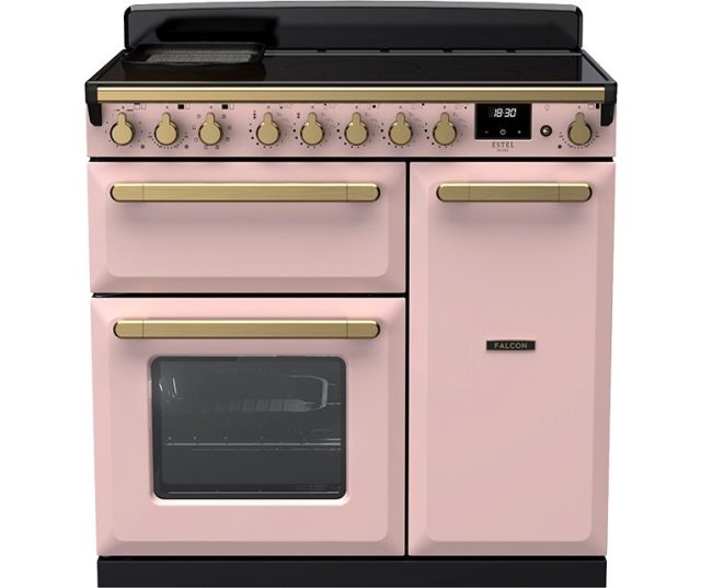 Falcon Estel Deluxe 90 Inductie fornuis vooraanzicht, roze uitvoering met dubbele oven en inductiekookplaat