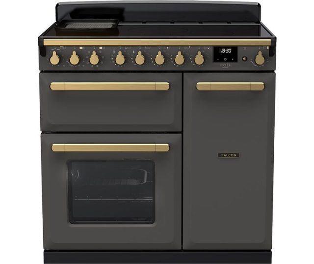 Falcon Estel Deluxe 90 Inductie fornuis vooraanzicht met inductiekookplaat, bedieningsknoppen en twee ovens