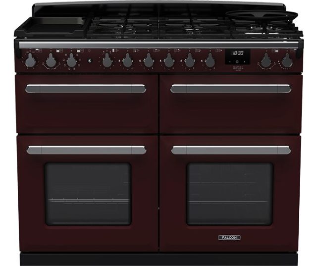 Falcon Estel Deluxe 110 Gas fornuis vooraanzicht in bordeauxrood met gasfornuis, dubbele oven en bedieningsknoppen