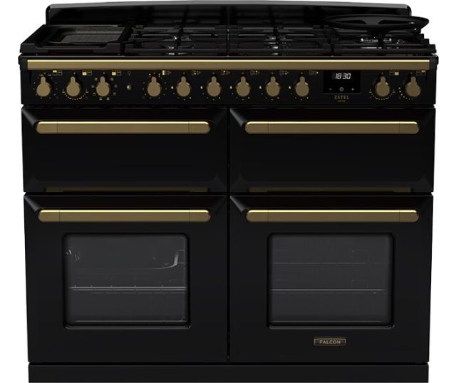 Falcon Estel Deluxe 110 Gas fornuis zwart, vooraanzicht met gaspitten, bedieningsknoppen en twee ovens