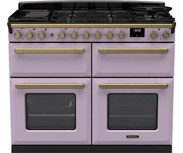 Falcon Estel Deluxe 110 Gas fornuis, vooraanzicht in lavendel met gaskookplaat, bedieningsknoppen en dubbele ovens