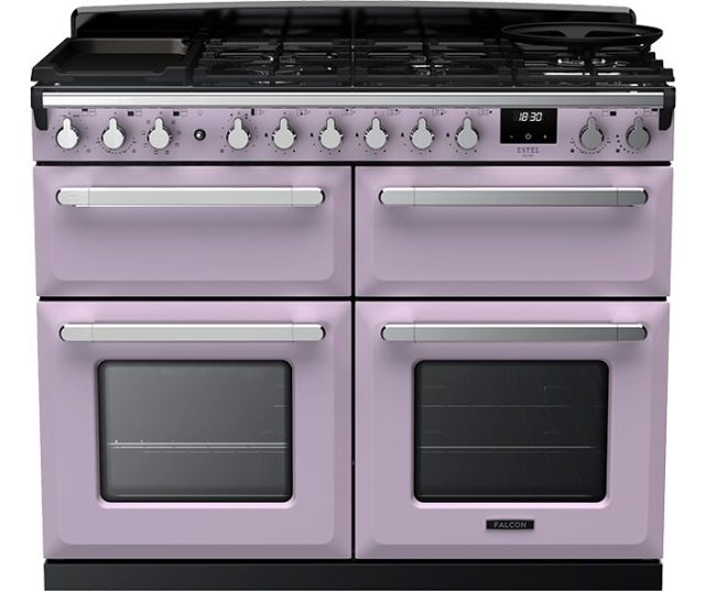 Falcon Estel Deluxe 110 Gas fornuis in roze, vooraanzicht met gaskookplaat, twee ovens en bedieningsknoppen