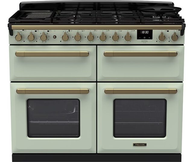 Falcon Estel Deluxe 110 Gas fornuis vooraanzicht in mintgroen met gaskookplaat, twee ovens en bedieningsknoppen