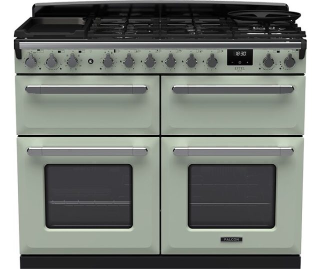 Falcon Estel Deluxe 110 Gas fornuis vooraanzicht, lichtgroen met gaskookplaat, twee ovens en bedieningsknoppen