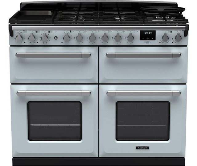 Falcon Estel Deluxe 110 Gas fornuis wit vooraanzicht met gaskookplaat en twee ovens