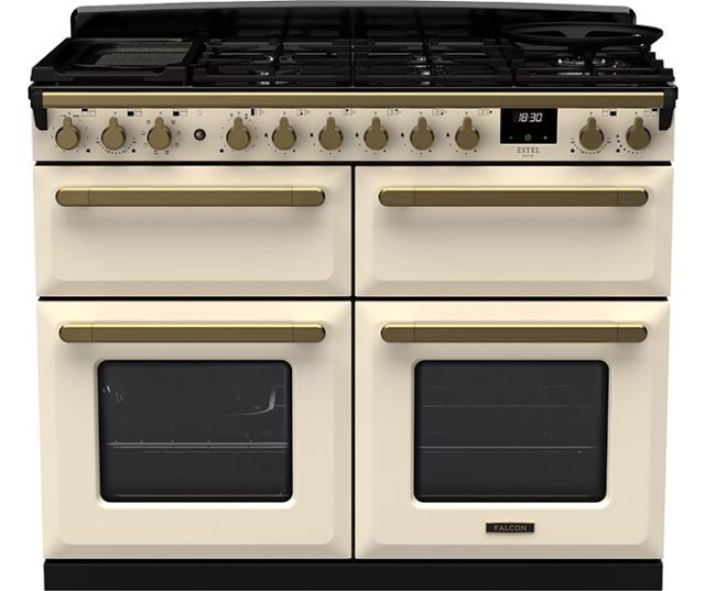 Falcon Estel Deluxe 110 Gas fornuis vooraanzicht creme met dubbel oven en gasplaat