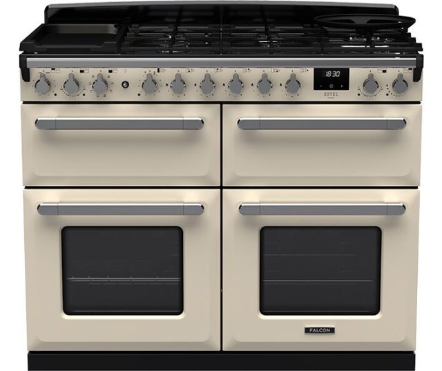Falcon Estel Deluxe 110 Gas fornuis vooraanzicht creme met zwart, gasplaat bovenaan en twee ovens onderaan